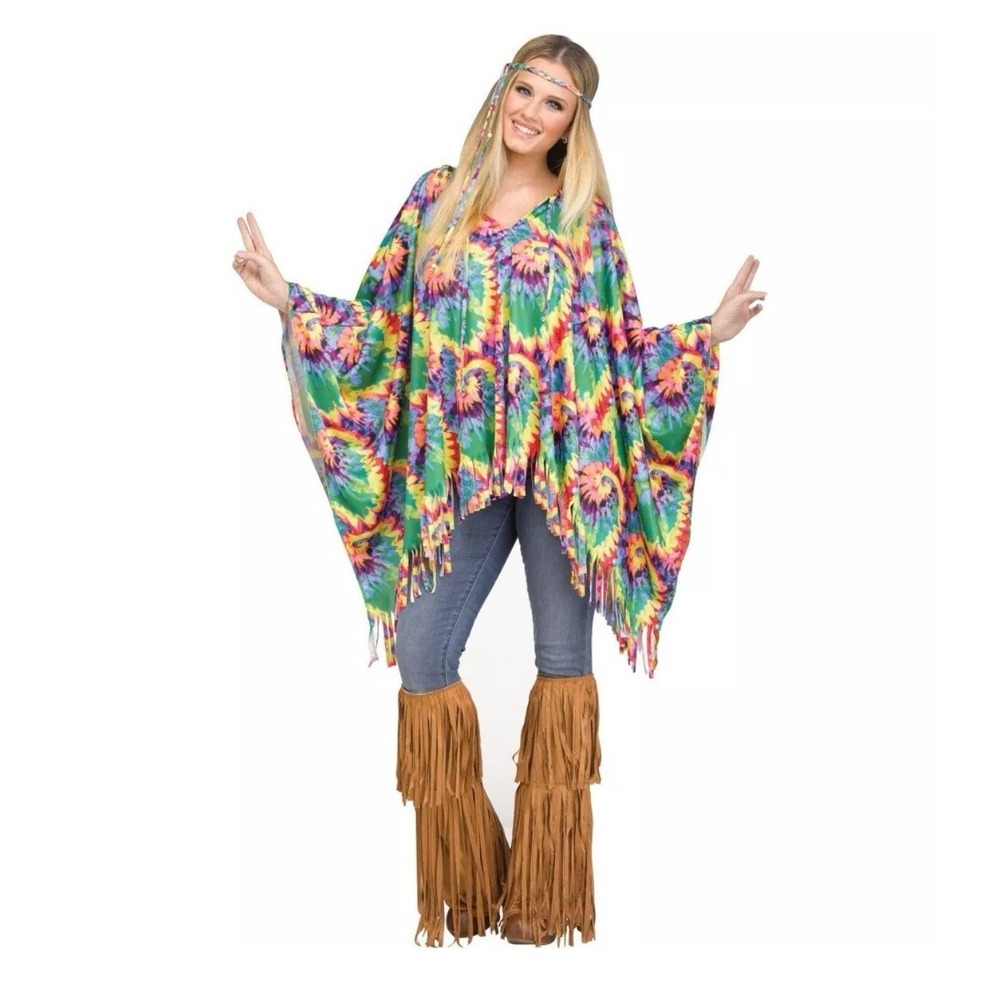Adult‎ Hippie Tie-Dye Poncho 70s Costume One Size Halloween Dress Up NEW C8